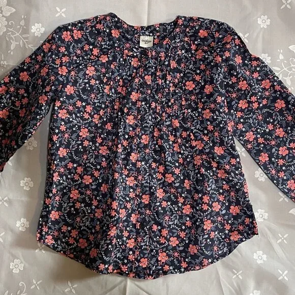 OSHKOSH B'Gosh Girls 4 Top Shirt Pleated Front Navy Blue Pink Floral Print - Picture 1 of 9